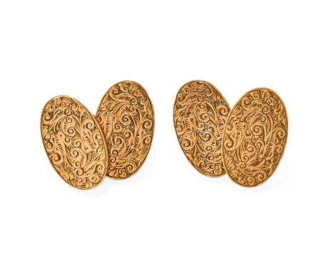 A Pair of 18 Carat Gold Cufflinks, formed of chain linked oval engraved plaquesGross weight 10.9 grams.