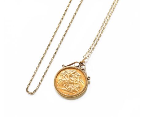 A Half Sovereign Pendant, dated 1912, length 2.8cm; together with Two Chains (a.f.)Pendant mount hallmarked 9 carat gold. Cha