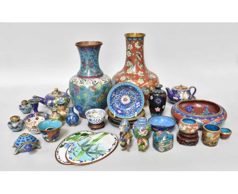 A Quantity of Assorted Chinese Cloisonne, mainly 20th century, including cruet set, vases, pair of quails (one tray)Red bottl