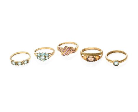 Five 9 Carat Gold Dress Rings, including a citrine and smoky quartz example, finger size S; three apatite examples, of varyin