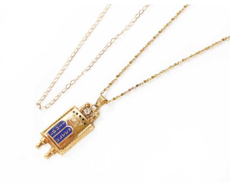 An Enamel and Diamond Pendant on Chain, pendant length 3.9cm, chain length 61cm; and Another Chain, stamped ‘375’, length 46c