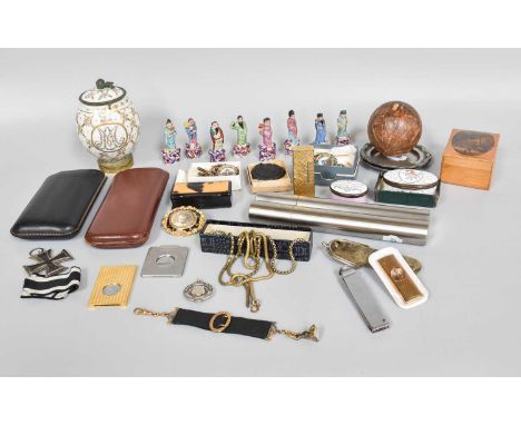 A Tray of Various Collectables, 19th century and later, including Dunhill cigar pouch, cigar cutters, enamel and tortoiseshel