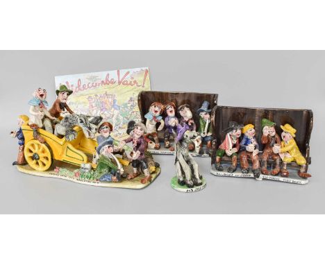 Runnaford Pottery Widdecombe Fair Figures, by Will Young, horse and cart group, two pew groups and 'Old Grey Mare' (one tray)