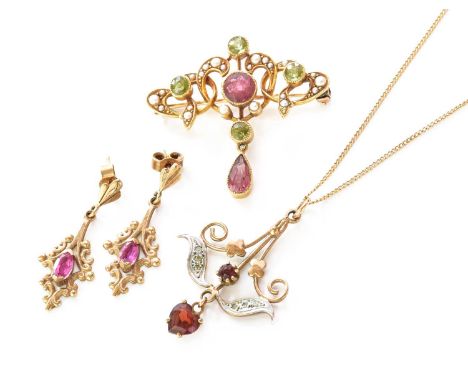 A Peridot, Pink Tourmaline and Split Pearl Brooch, stamped '15CT', length 3.6cm; A 9 Carat Gold Garnet Pendant on Chain, pend