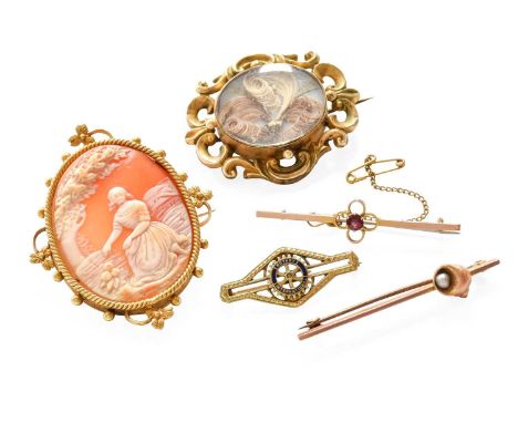 Five Brooches, comprising of a hair work example, a cameo example (a.f.), two bar brooches and a Rotary International broochC