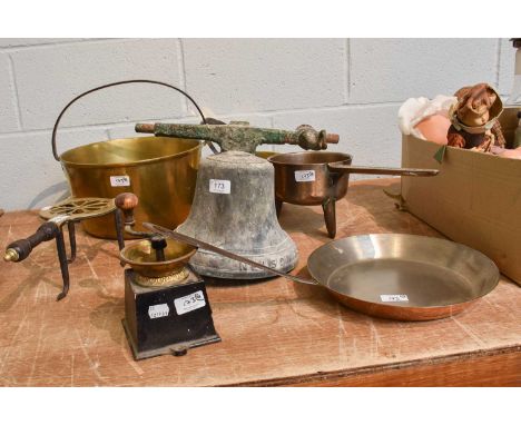 A Victorian Bronze Bell, makers Nelson &amp; Son, Leeds, together with kitchenalia of similar date including copper skillet, 