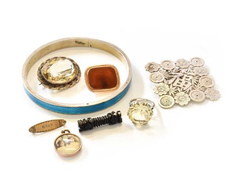 A Quantity of Jewellery, including an agate brooch, measures 2.9cm by 2.5cm; a silver enamel bangle; a silver citrine ring; a