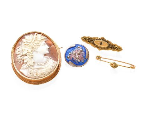 A 9 Carat Gold Coral Brooch, length 3.9cm (a.f.); A 9 Carat Gold Diamond Brooch, length 4.3cm; A Cameo Brooch, unmarked, meas