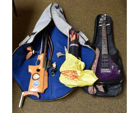 A Match Crossbow, in a carrying case with a quantity of crossbow bolts; a Gio Ibanez Electric Guitar, in black nylon carrying