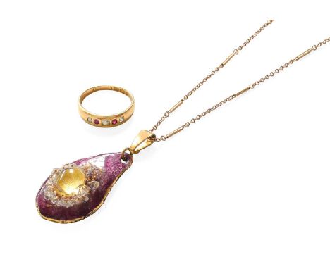 An 18 Carat Gold Ruby and Diamond Five Stone Ring, finger size P1/2; and A Limoges Pendant on Chain, pendant length 5.0cm, ch