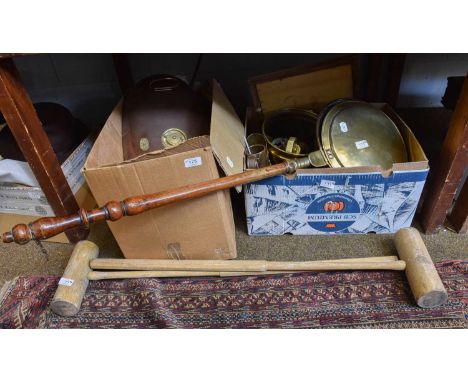 A Quantity of Assorted Metalware, Costume and Textiles, including a canteen of cutlery by Cooper Bros., copper foot warmer, c