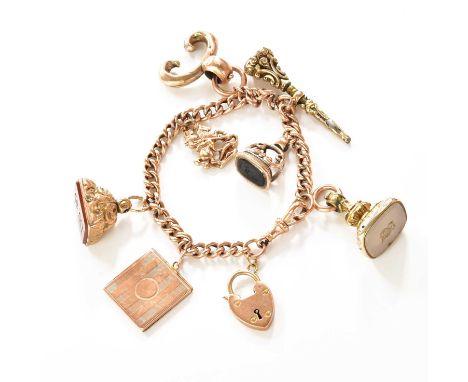 A Curb Link Bracelet, stamped '9C', suspending six charms including seals, a locket, etc., length 18cm; together with A Hards
