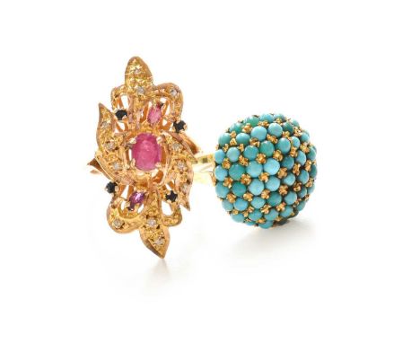 A Turquoise Bombé Cluster Ring, finger size N1/2; and A Ruby, Sapphire and Diamond Cluster Ring, finger size N1/2Both unmarke
