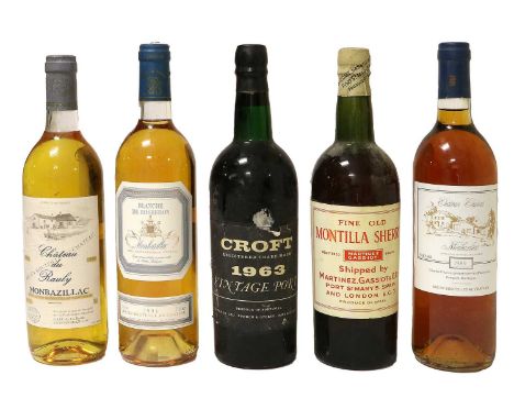 Croft 1963 Vintage Port (one bottle), Martinez Gassiot Fine Old Montilla Sherry (one bottle), Monbazillac 1989, 1988 and 1991