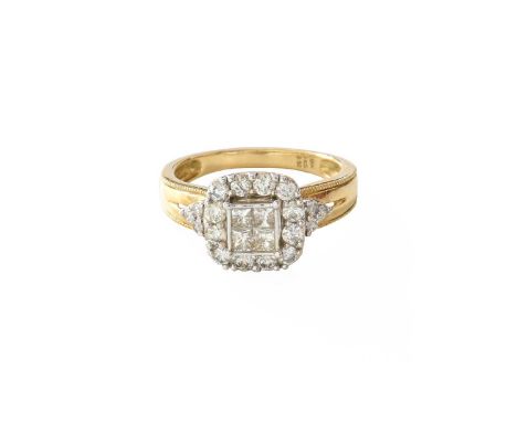 A 9 Carat Gold Diamond Cluster Ring, four princess cut diamonds within a border of round brilliant cut diamonds, in white cla