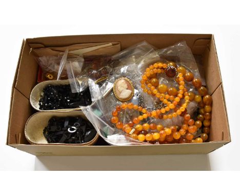 A Quantity of Jewellery, including jet and French jet necklaces; simulated pearls; beaded necklaces; various brooches; paste 