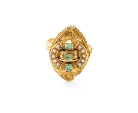 A Green Stone and Split Pearl Ring, finger size QIt bears no hallmark nor stamp but in our opinion would test as gold. The ri