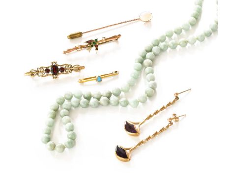 A Small Quantity of Jewellery, comprising of a jade bead necklace, length 46cm; a pair of 9 carat gold drop earrings, with po