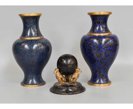 A Pair of Decorative Cloisonne Vases, 26cm high, together with an inkwell in the form of a globe held aloft on the backs of t