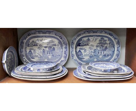 A Collection of 19th century English Transfer Printed Pottery, mostly Willow pattern including, meat dishes and warming plate