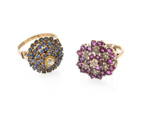 A Sapphire and Diamond Cluster Ring, stamped ‘14K’, finger size S1/2; and A 9 Carat Gold Ruby and Diamond Cluster Ring, finge