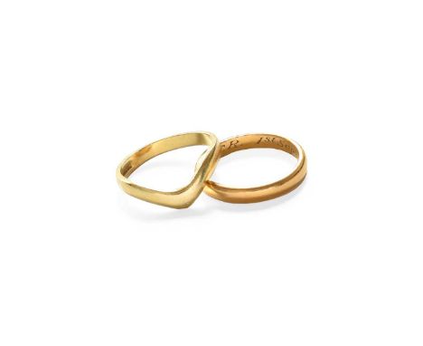 A 22 Carat Gold Band Ring, finger size O; and An 18 Carat Gold Wishbone Ring, finger N1/222 carat band ring - 4.1 grams. Wish