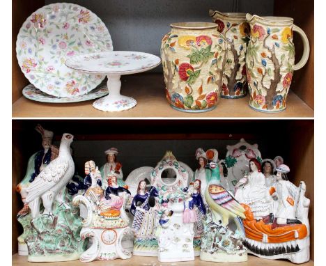 A Collection of Victorian Staffordshire Figures, including Highlanders, three graces pocket watch stand, pigeons, etc; togeth