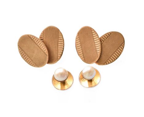 A Pair of 9 Carat Gold Cufflinks, formed of chain linked oval plaques; and Two Split Pearl Dress Studs, stamped '9CT'Gross we