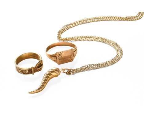 A 9 Carat Gold Signet Ring, finger size W; A 9 Carat Gold Buckle Ring, finger size O; and A 9 Carat Gold Pendant on Chain, pe