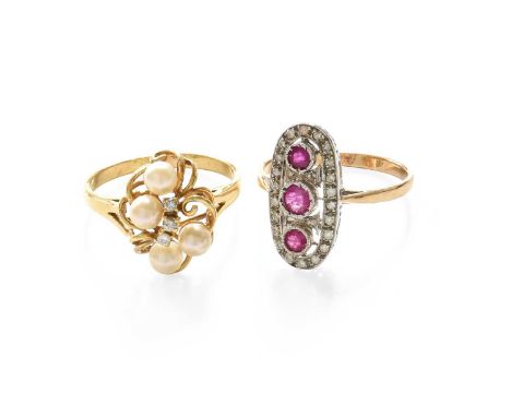 An 18 Carat Gold Cultured Pearl and Diamond Cluster Ring, finger size S1/2; and A 9 Carat Gold Ruby and Diamond Cluster Ring,