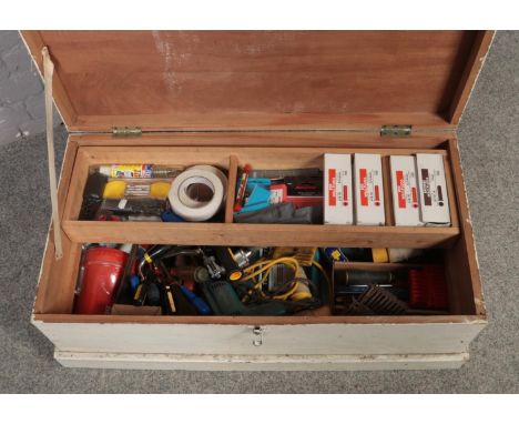 A painted tool chest with contents of Makita drill, screwdrivers etc.  
