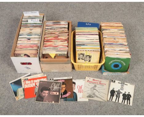 Four boxes of single records and EPs, to include Elvis, The Beatles, The Shadows etc.  