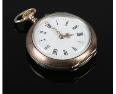 A continental silver fob watch with white enamel dial and Roman numeral markers, stamped 800.  