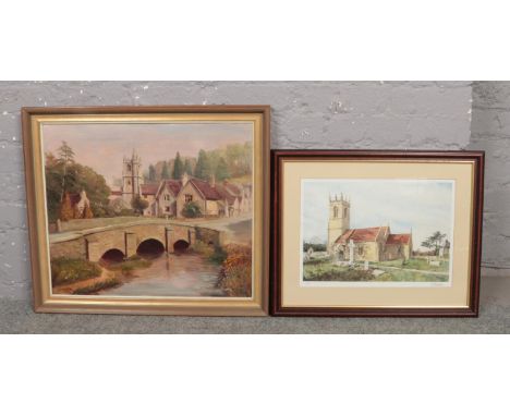 R B Underhill, A framed oil on canvas, landscape scene with a bridge, along with a framed G Brampton limited edition signed p