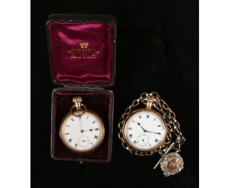 Two pocket watches. An open faced Swiss pocket watch in gold plated Dennison case. With enamel dial,  having black Roman nume