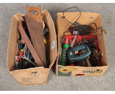 Two boxes of hand tools, saw's, screwdrivers, spanners , planes, to include Black &amp; Decker Quattro VP2000  