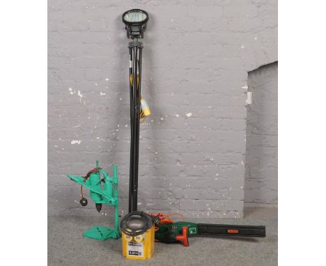 Defender 110V Power Tool Transformer &amp; Tripod light, Black &amp; Decker Pillar drill, Challenge MHT6457 Hedge cutters  