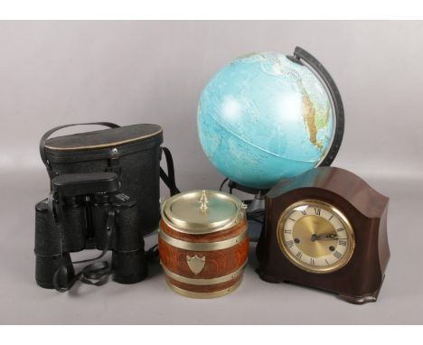 A mixed group, to include Smith bakelite mantel clock, light up globe, oak biscuit barrel and cased binoculars.  