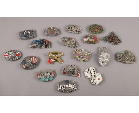 A collection of belt buckles, Budweiser, British Bulldog, Elvis, Jack Daniels examples  