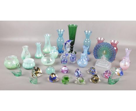 A collection of Caithness glass, vases, paperweights,  Peacock figure etc  