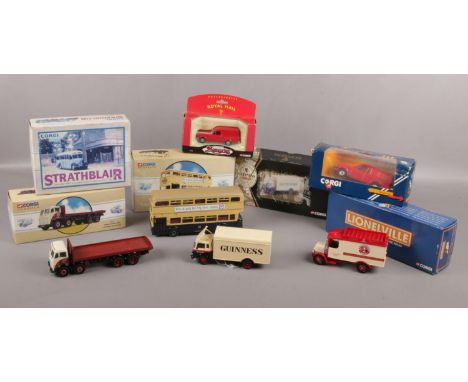 Seven Corgi die cast model vehicles, Lionelville Limited Edition H.P. Hood &amp; Sons, Guinness Bedford TK box van 22706, Cor