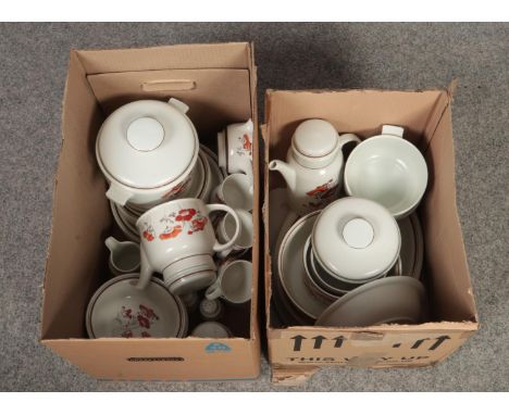 Two boxes of Royal Doulton ' Fieldflower' dinner ware, plates, soup bowls, tea cups, saucers, milk jug, tea pot terrine with 
