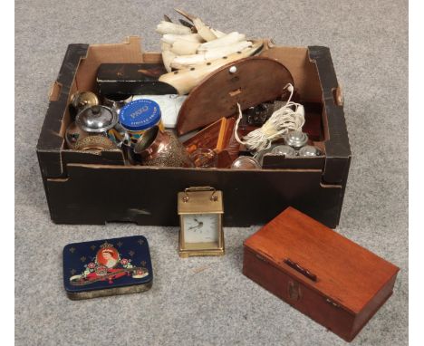 A box of miscellaneous, Queen Elizabeth II tin, Avia Quartz carriage clock, Mahogany box, Pair silver plated salts examples  