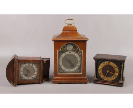 A Rotherhams miniature mahogany cased bracket clock, a Smiths miniature oak cased clock and a burr walnut cased miniature wal