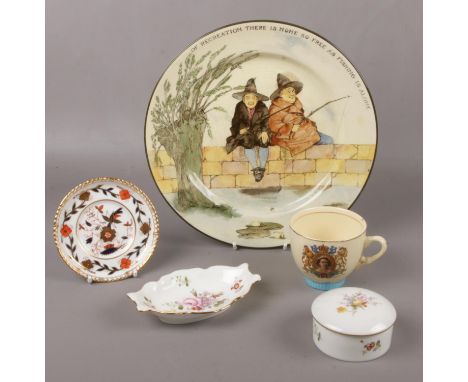 Royal Doulton 'The Gallant Fishers' plate, Royal Crown Derby ' Derby Posies'  trinket, pin dishes, to include Clarice Cliff Q