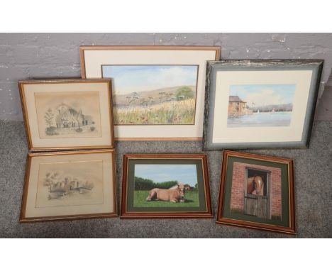 A collection of framed painting and sketches to include J.W. Chinnery oil on board of horses, pencil sketches, landscape wate