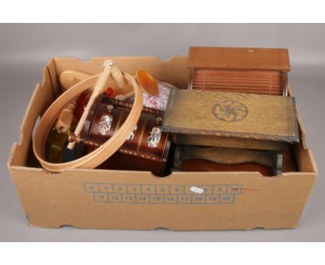 A box of miscellaneous, wooden jewellery boxes, ceramic dish etc  