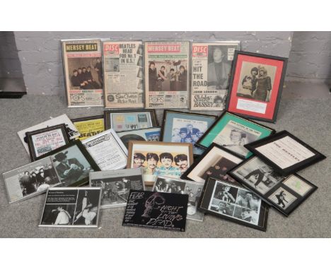 A box of prints/photographs, The Beatles, Elvis Presley examples  