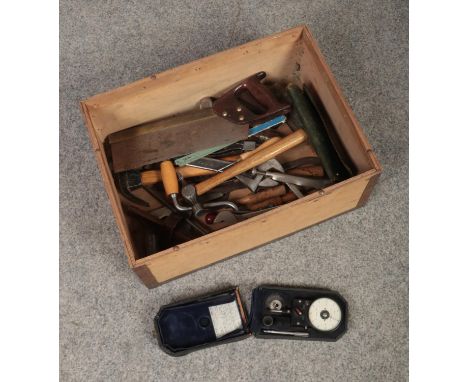 A box of tools, to include Stanley saw, spanners etc.  