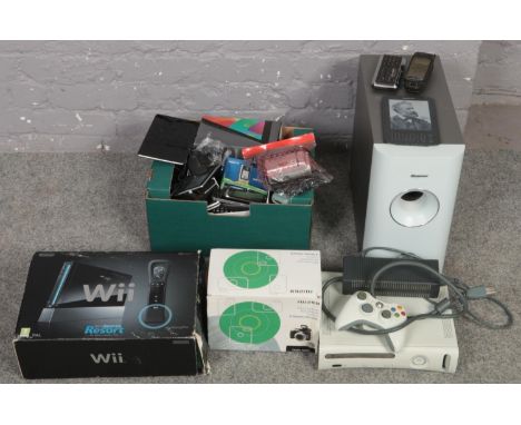 A collection of electronic equipment to include boxed Nintendo Wii Console, Xbox 360 and controller, mobile phones, kindles e